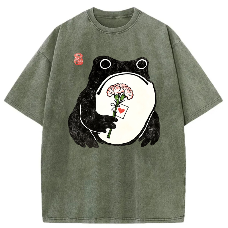 Frog Holding Flower With Heart Tag tshirt 100% cotton