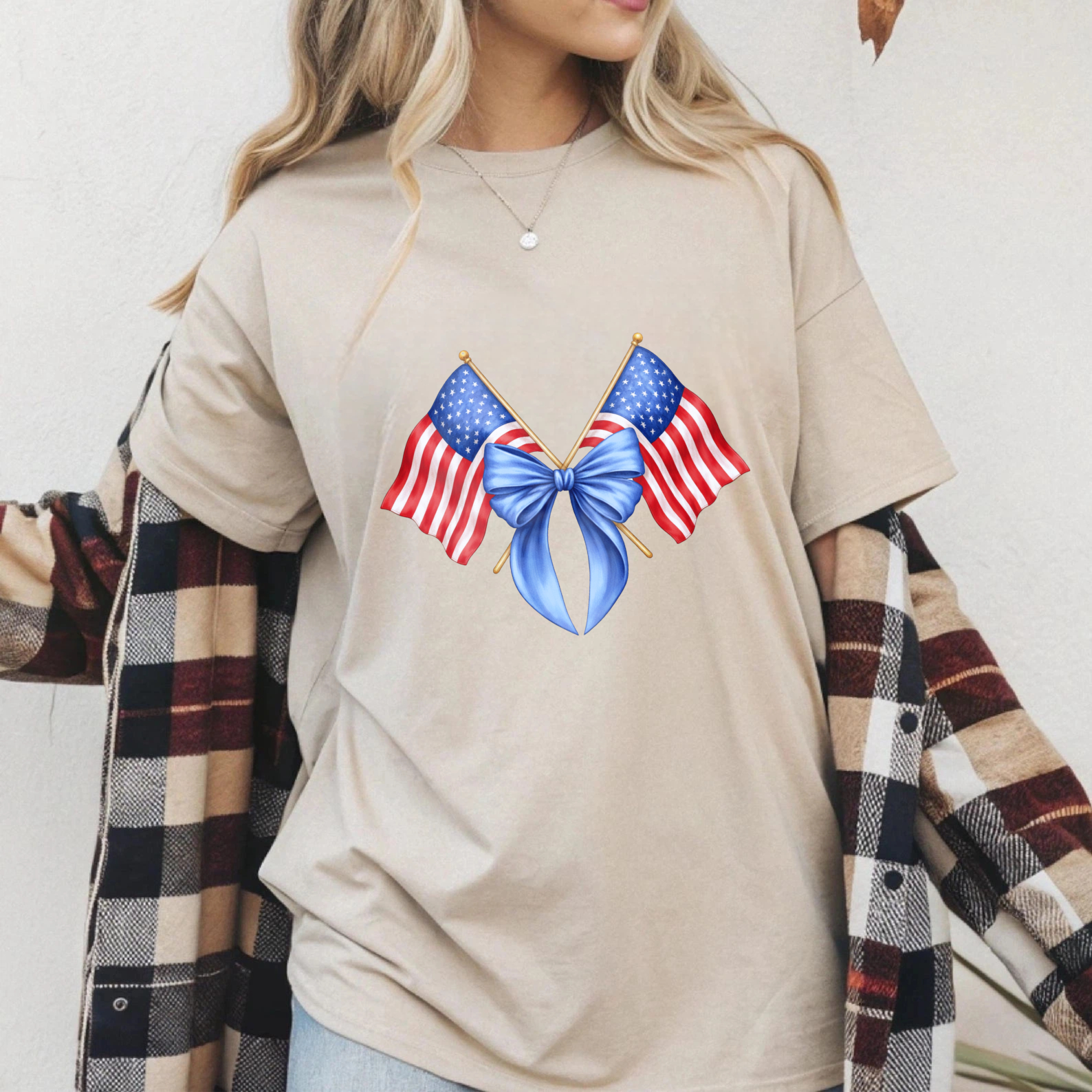 TEECURENT American Flag Crossed With Blue Bow Patriotic T Shirt WOMEN