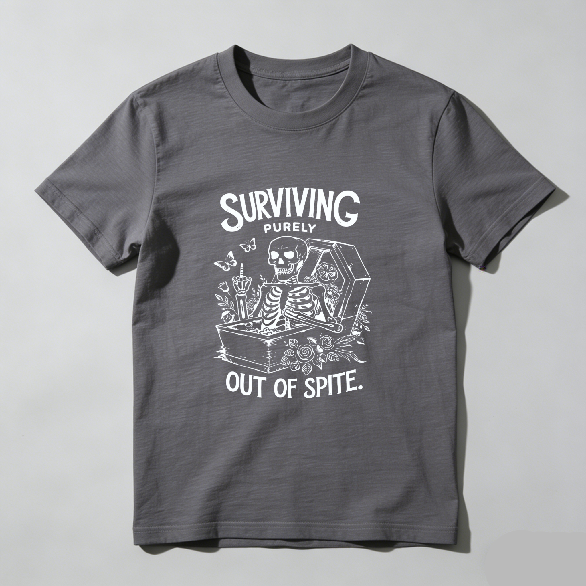 TEECURENT Surviving Purely Out Of Spite Skeleton In Coffin Graphic T-Shirt WOMEN