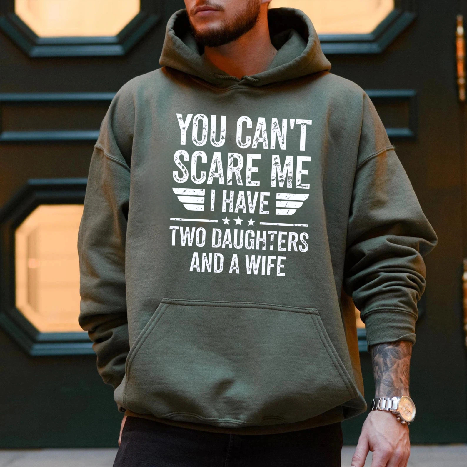 TEECURENT Gildan You Cant Scare Me I Have Two Daughters And A Wife Hoodie For Men Women Funny Family Dad Gift Sweatshirt Casual Wear