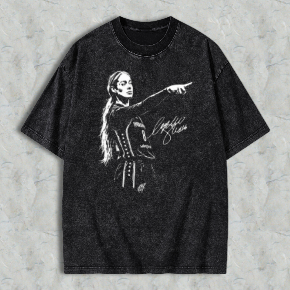 Woman Pointing Finger Sketch Signature Washed T-shirt