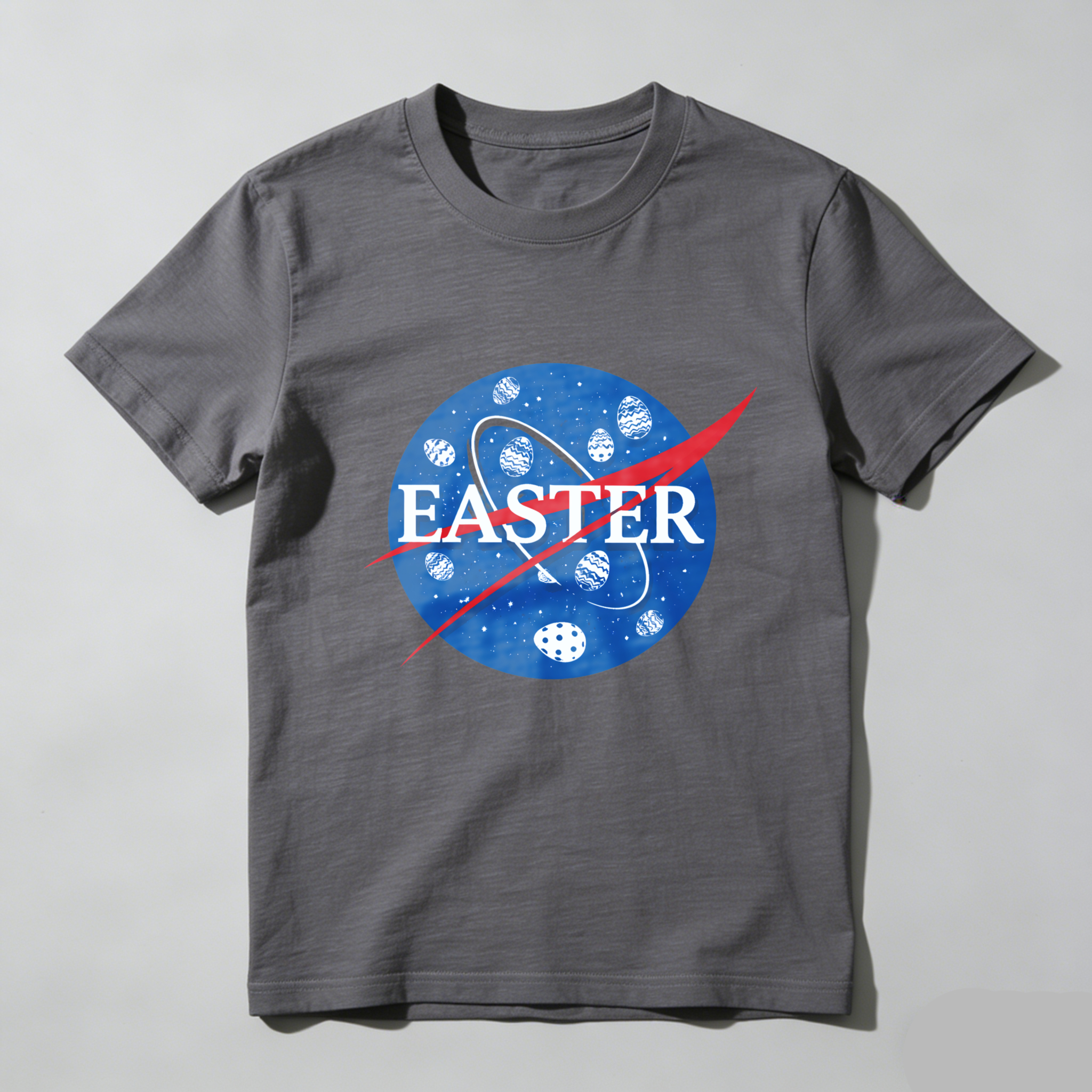 TEECURENT Easter Space Theme T-Shirt With Egg Pattern And Nasa Style Logo Design For Easter Celebration