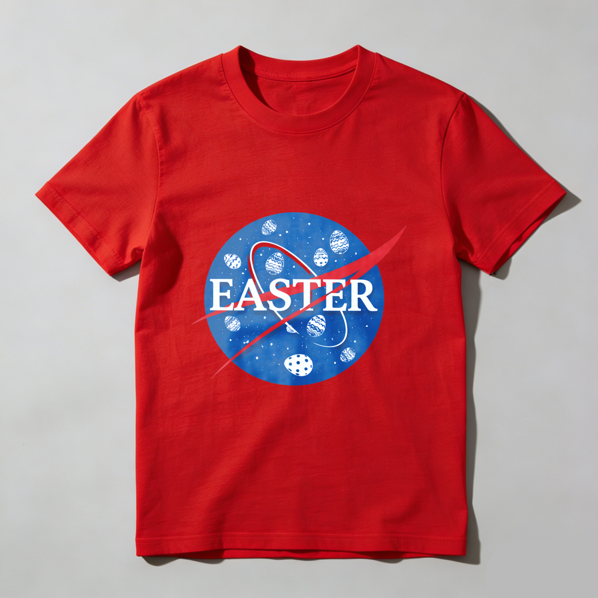 TEECURENT Easter Space Theme T-Shirt With Egg Pattern And Nasa Style Logo Design For Easter Celebration