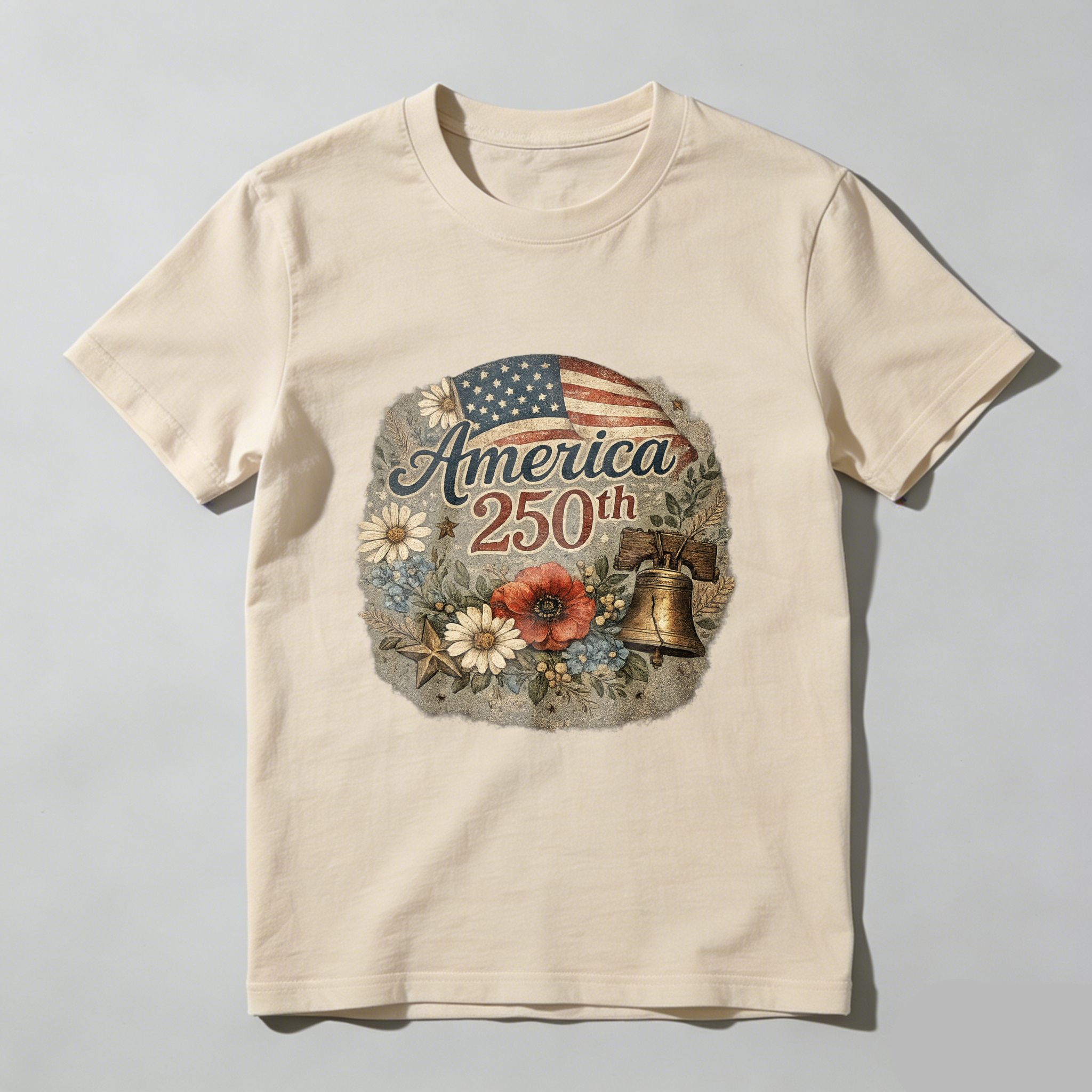 America 250th Anniversary Independence Day Patriotic T Shirt With American Flag Liberty Bell And Flowers Design
