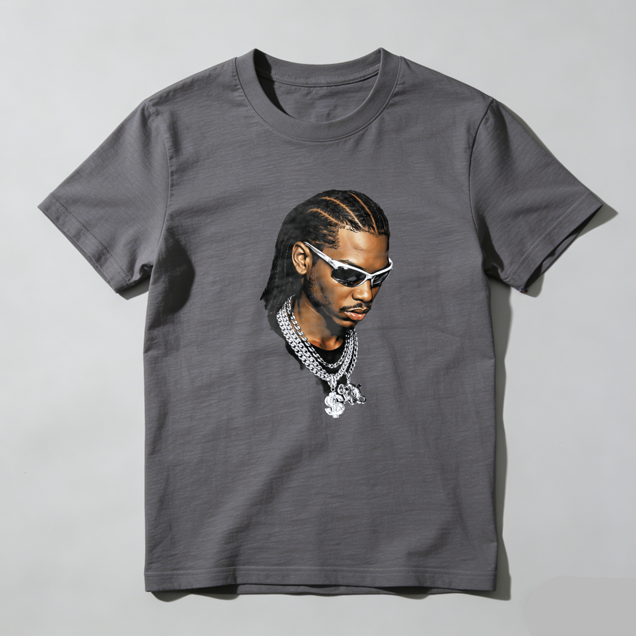 TEECURENT T Shirt Black With Portrait Of Man Wearing Sunglasses And Chain Necklace Streetwear Style Graphic Design