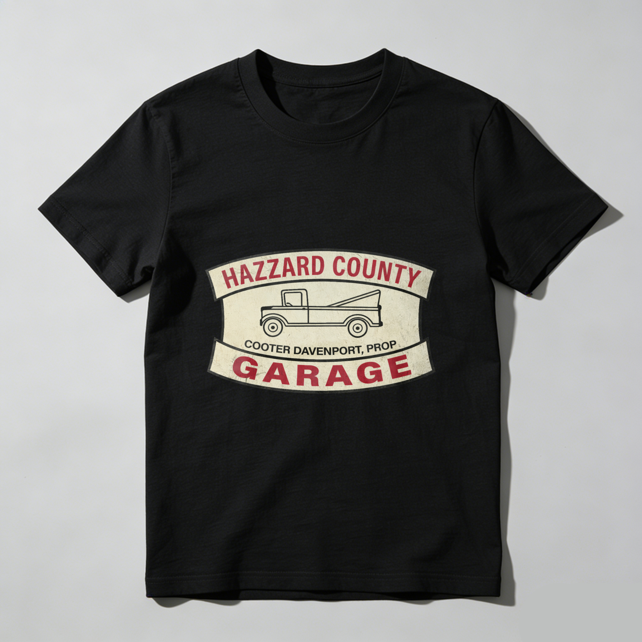 Hazzard County Garage T Shirt Cooter Davenport Prop Classic Truck Design Black Cotton Tee