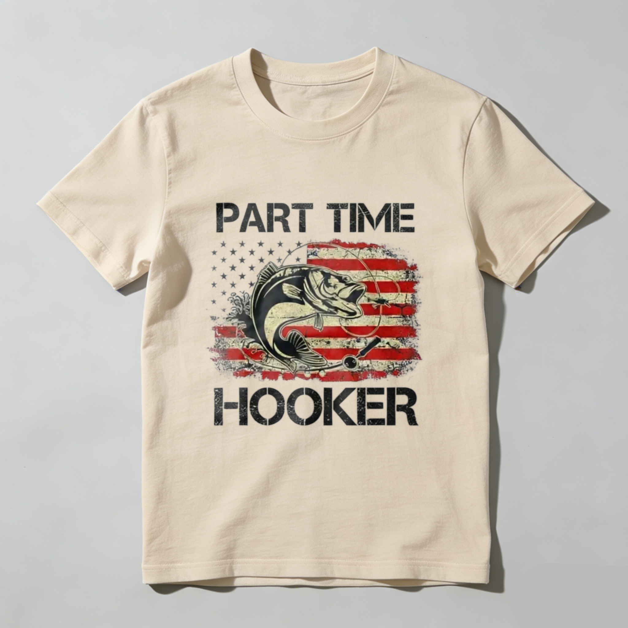 Casual, Men's T-Shirt, Part Time Hooker With American Flag Fish Design, Outdoor Fishing, Gift For Fishermen