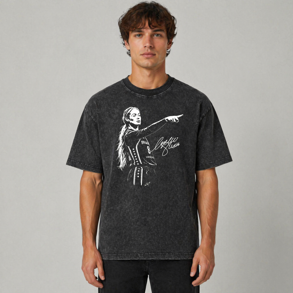 Female Basketball Player Pointing Finger Signature Graphic Washed T-shirt