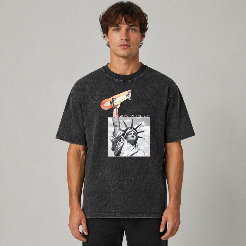 Statue Of Liberty Holding Skateboard Living In The City Graphic Washed T-shirt
