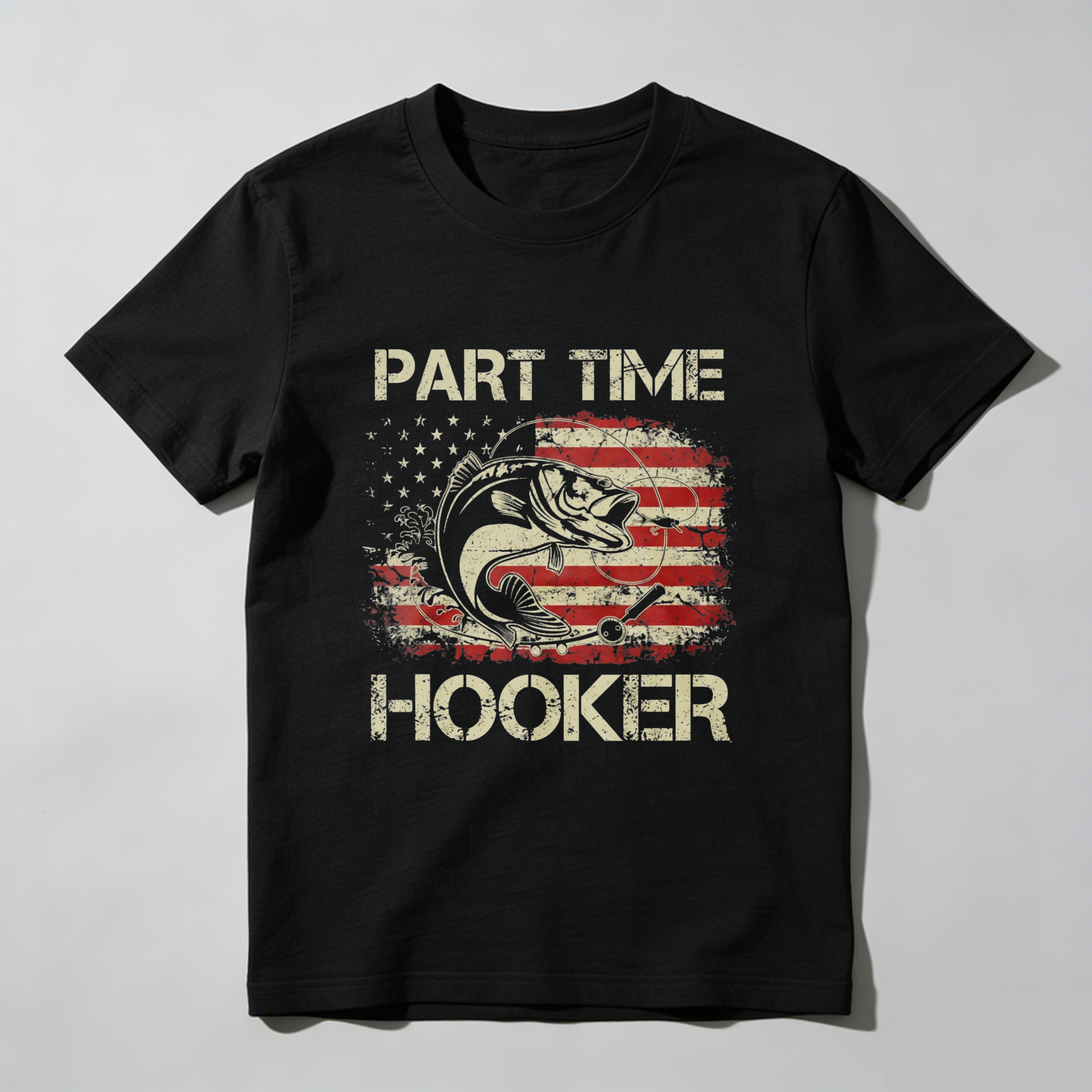 Casual, Men's T-Shirt, Part Time Hooker With American Flag Fish Design, Outdoor Fishing, Gift For Fishermen