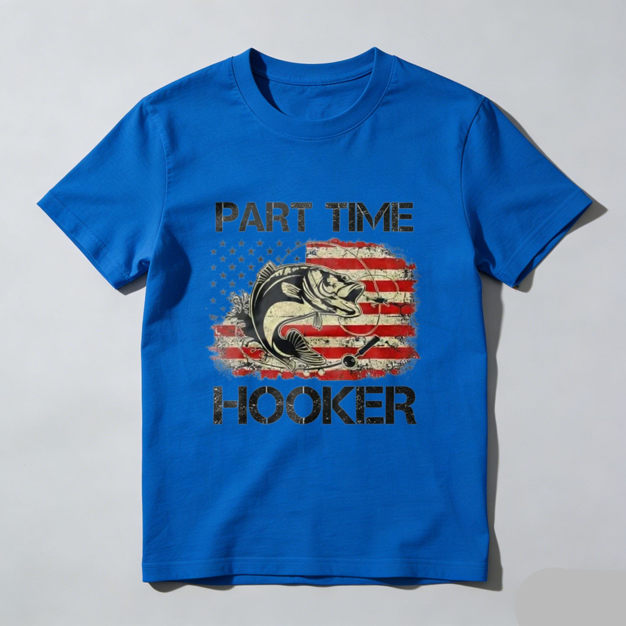 Casual, Men's T-Shirt, Part Time Hooker With American Flag Fish Design, Outdoor Fishing, Gift For Fishermen