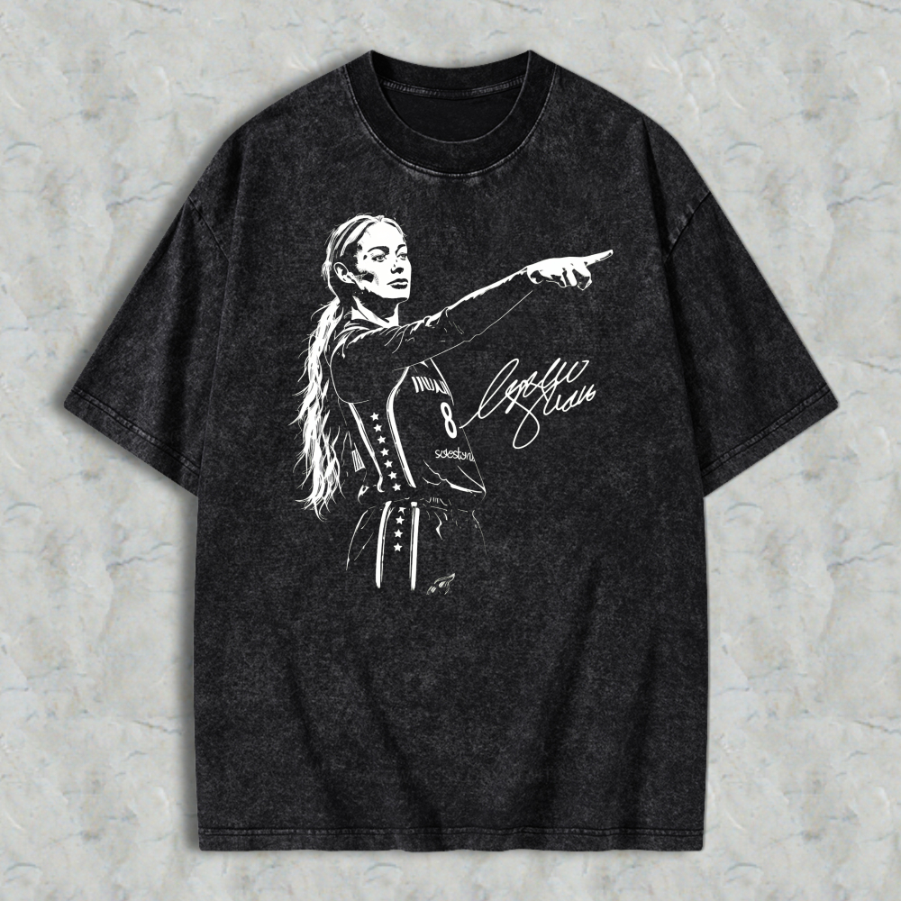 Female Basketball Player Pointing Finger Signature Graphic Washed T-shirt