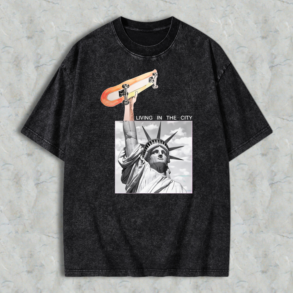 Statue Of Liberty Holding Skateboard Living In The City Graphic Washed T-shirt