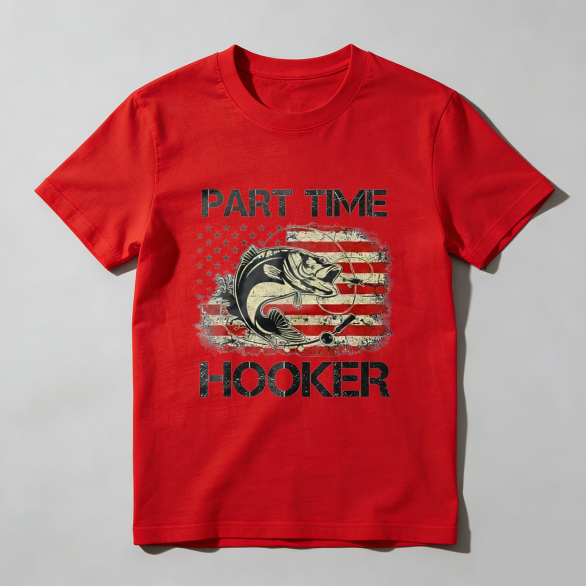 Casual, Men's T-Shirt, Part Time Hooker With American Flag Fish Design, Outdoor Fishing, Gift For Fishermen