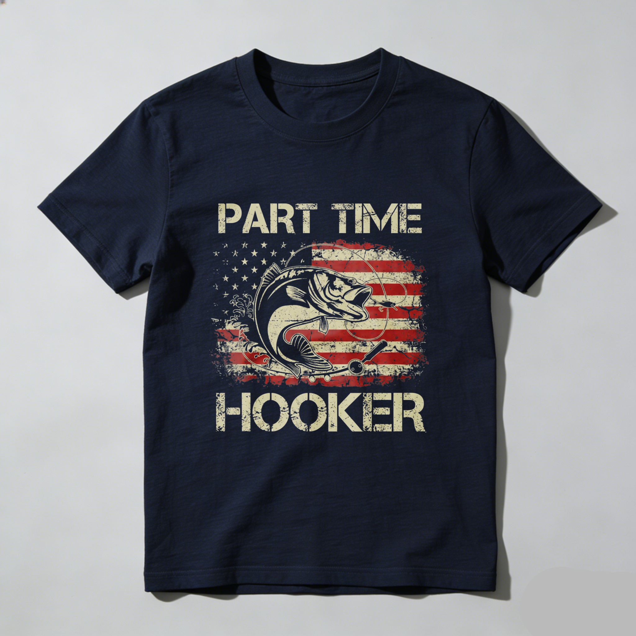 Casual, Men's T-Shirt, Part Time Hooker With American Flag Fish Design, Outdoor Fishing, Gift For Fishermen