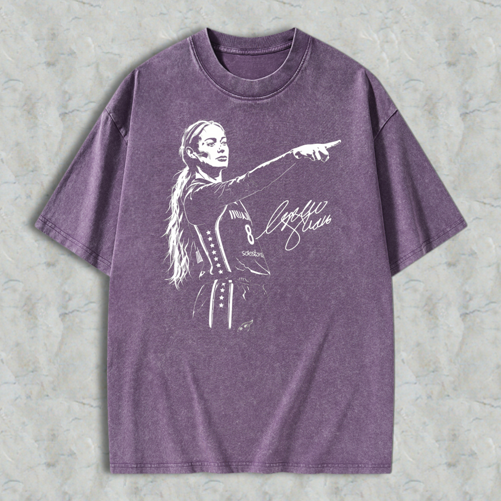 Female Basketball Player Pointing Finger Signature Graphic Washed T-shirt