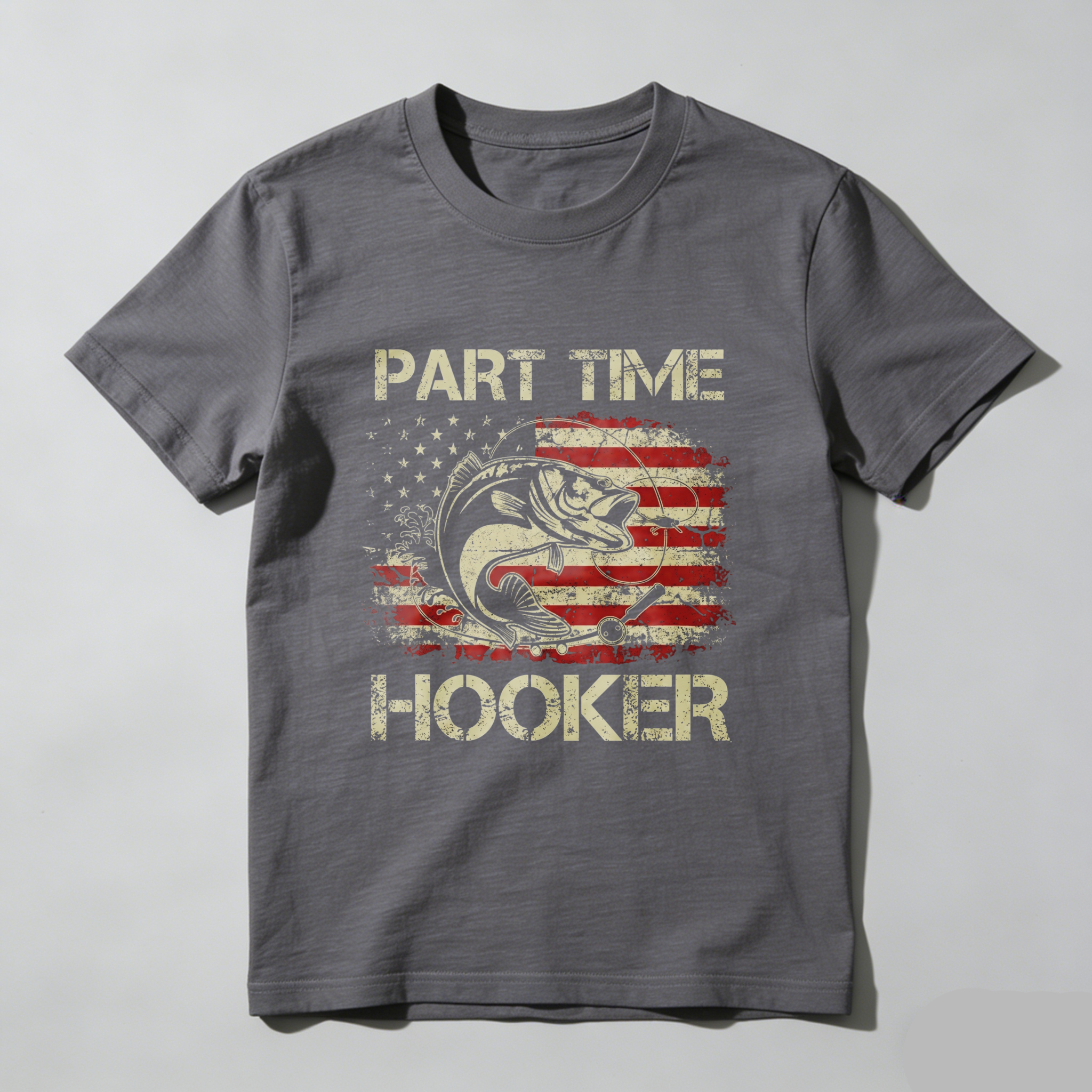 Casual, Men's T-Shirt, Part Time Hooker With American Flag Fish Design, Outdoor Fishing, Gift For Fishermen