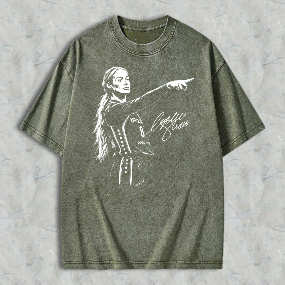 Female Basketball Player Pointing Finger Signature Graphic Washed T-shirt