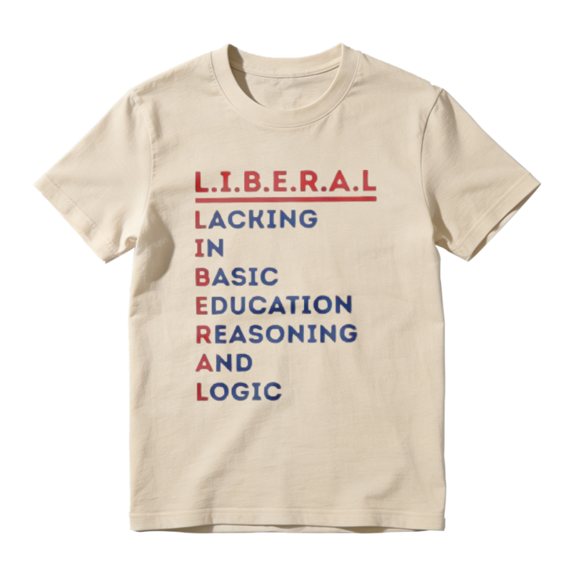 Men's L.I.B.E.R.A.L. Acrostic Graphic Print Cotton Short-Sleeve T-Shirt, Political Satire Casual Streetwear Round Neck Menswear Top