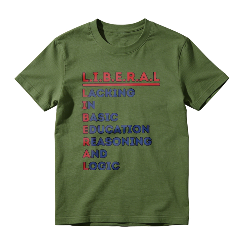 Men's L.I.B.E.R.A.L. Acrostic Graphic Print Cotton Short-Sleeve T-Shirt, Political Satire Casual Streetwear Round Neck Menswear Top