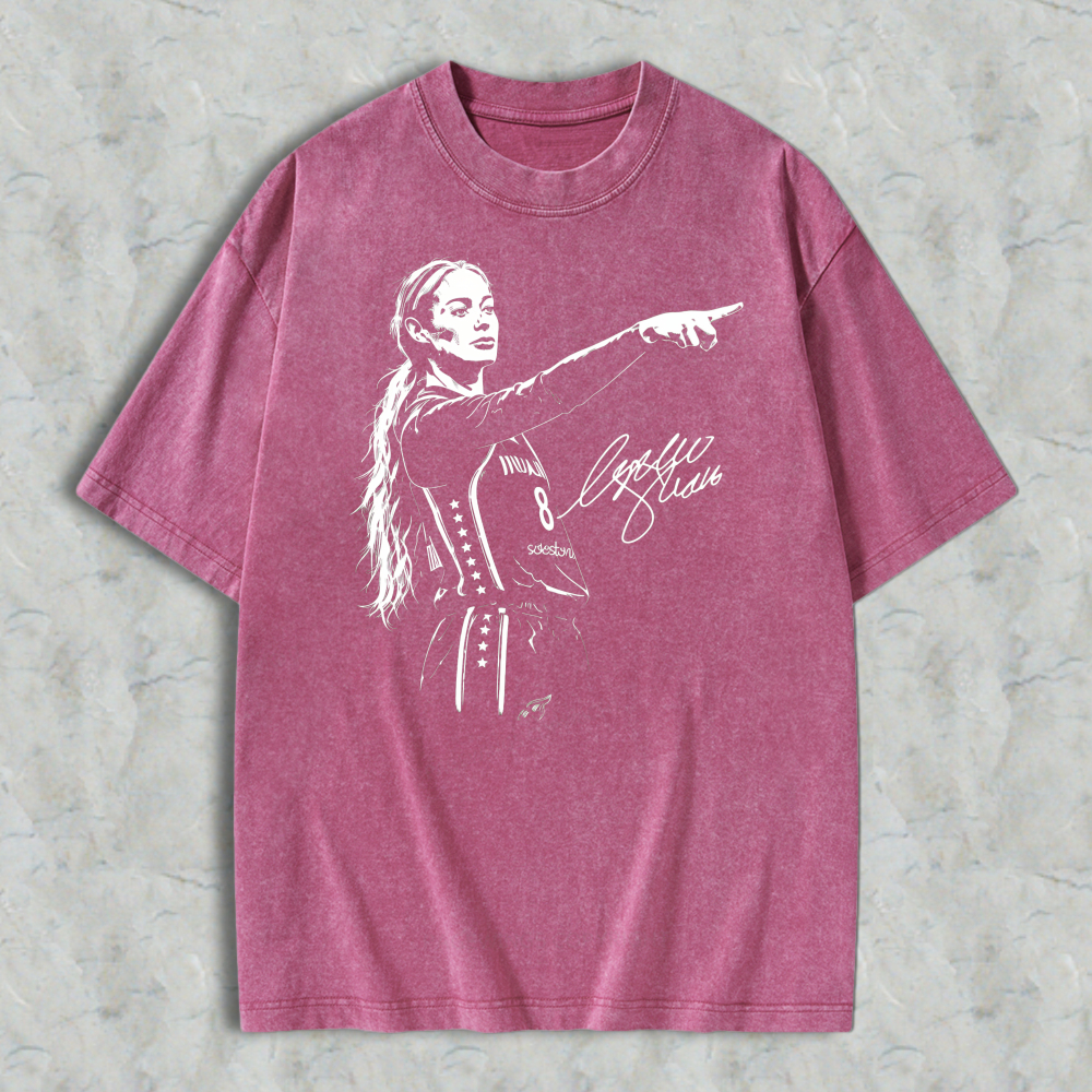 Female Basketball Player Pointing Finger Signature Graphic Washed T-shirt