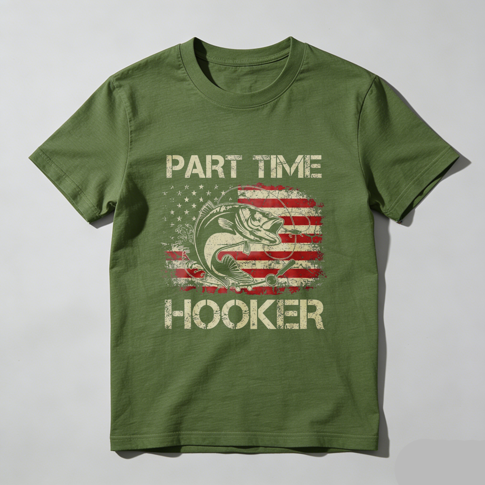 Casual, Men's T-Shirt, Part Time Hooker With American Flag Fish Design, Outdoor Fishing, Gift For Fishermen