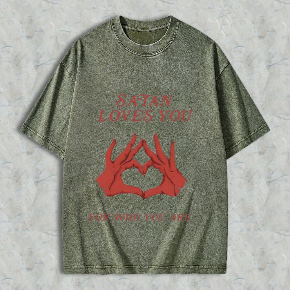 Men's Round Neck Short-Sleeve T-Shirt, Retro Edgy "Satan Loves You" Graphic Print, Loose Fit Distressed Menswear