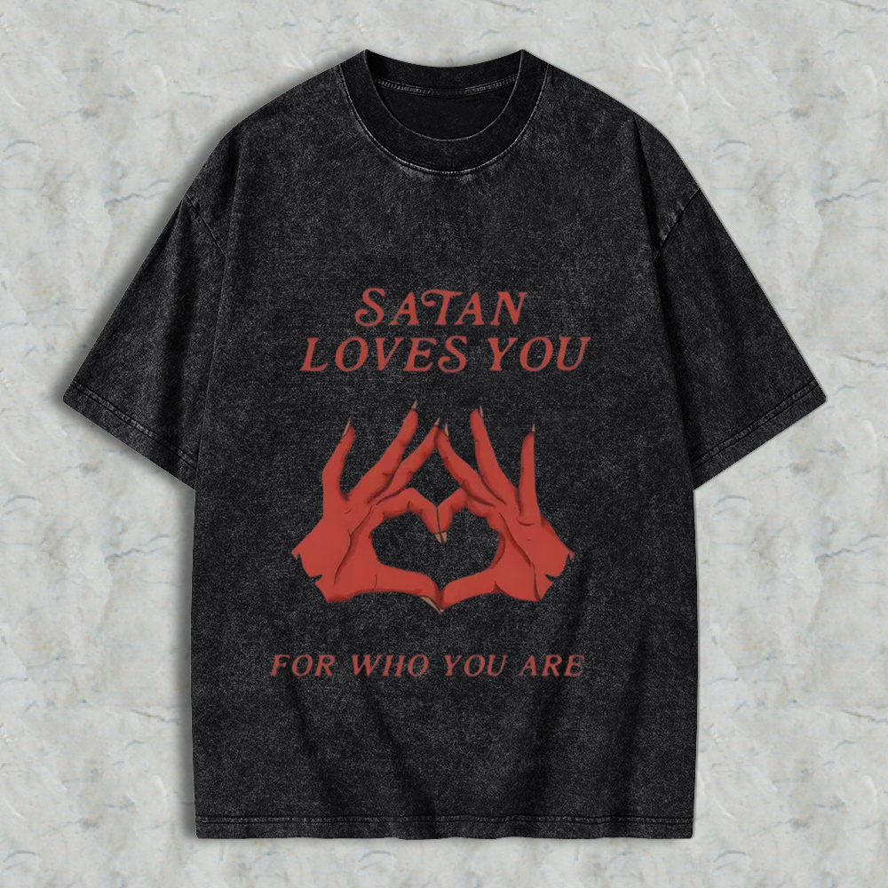 Men's Round Neck Short-Sleeve T-Shirt, Retro Edgy "Satan Loves You" Graphic Print, Loose Fit Distressed Menswear