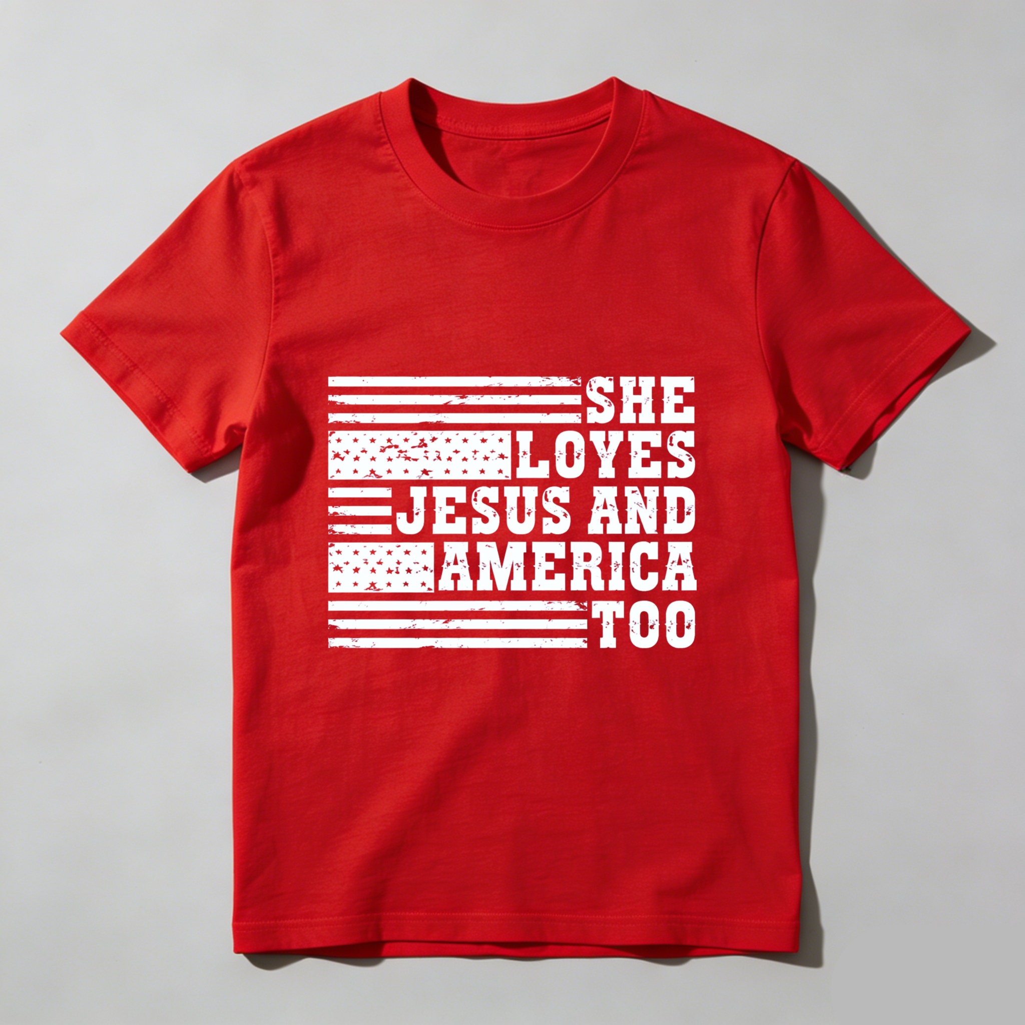 TEECURENT She Loves Jesus And America Too Patriotic Flag T Shirt WOMEN