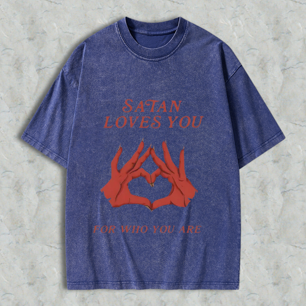 Men's Round Neck Short-Sleeve T-Shirt, Retro Edgy "Satan Loves You" Graphic Print, Loose Fit Distressed Menswear