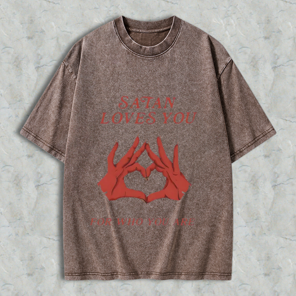 Men's Round Neck Short-Sleeve T-Shirt, Retro Edgy "Satan Loves You" Graphic Print, Loose Fit Distressed Menswear
