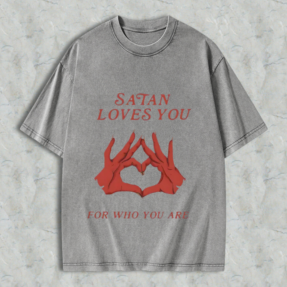 Men's Round Neck Short-Sleeve T-Shirt, Retro Edgy "Satan Loves You" Graphic Print, Loose Fit Distressed Menswear