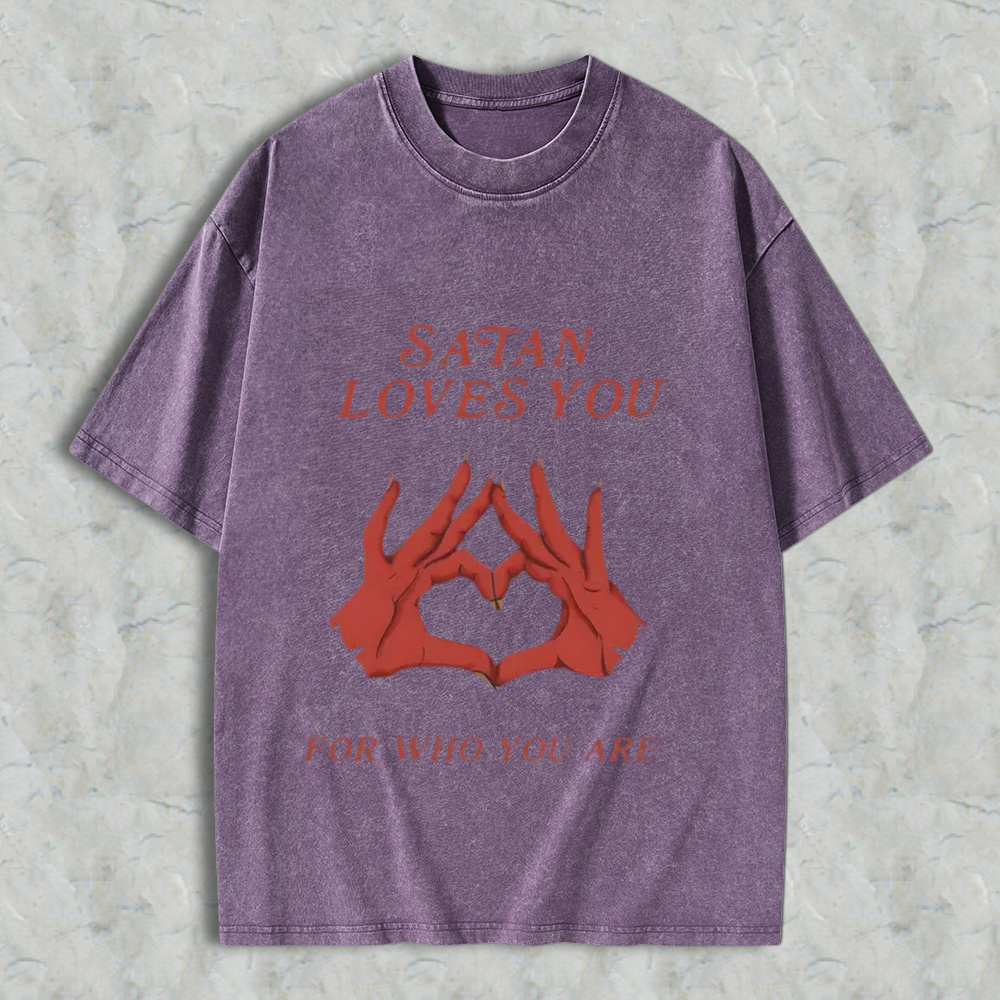 Men's Round Neck Short-Sleeve T-Shirt, Retro Edgy "Satan Loves You" Graphic Print, Loose Fit Distressed Menswear