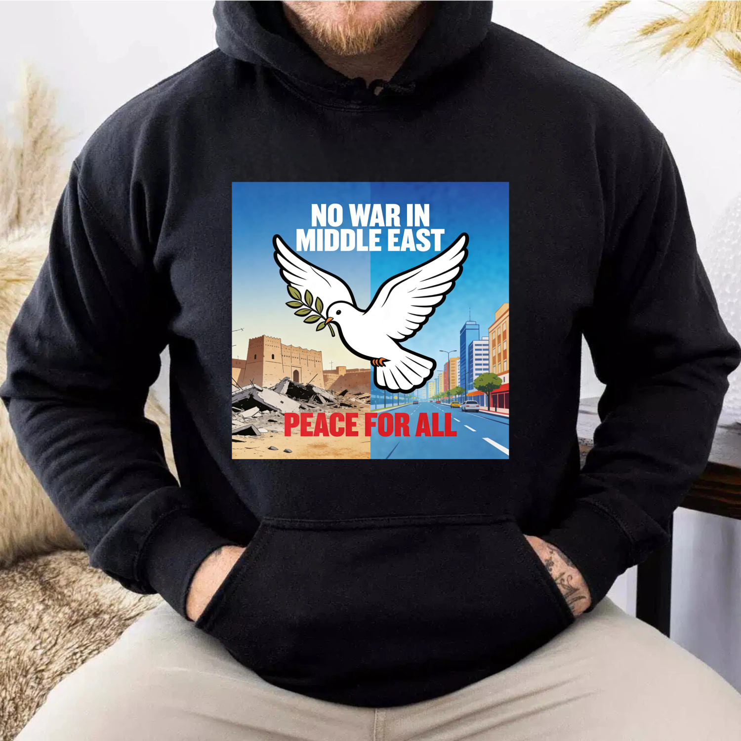 TEECURENT No War In Middle East Peace For All Hoodie With Dove And Olive Branch Graphic Design For Peace Advocacy And Social Awareness