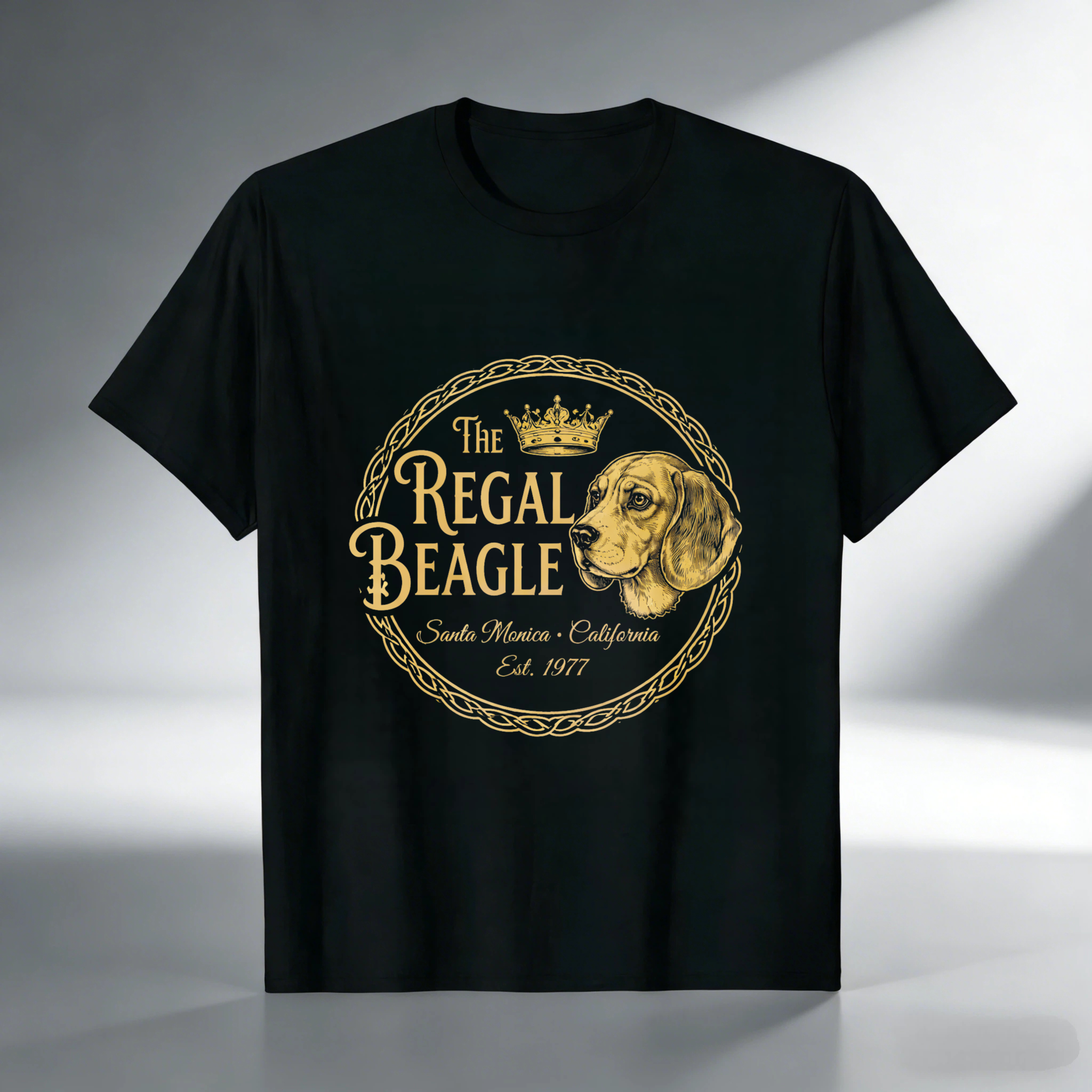 TEECURENT The Regal Beagle Dog Breed T Shirt Santa Monica California Established 1977 Gold Logo Black Cotton Men Women Unisex Apparel