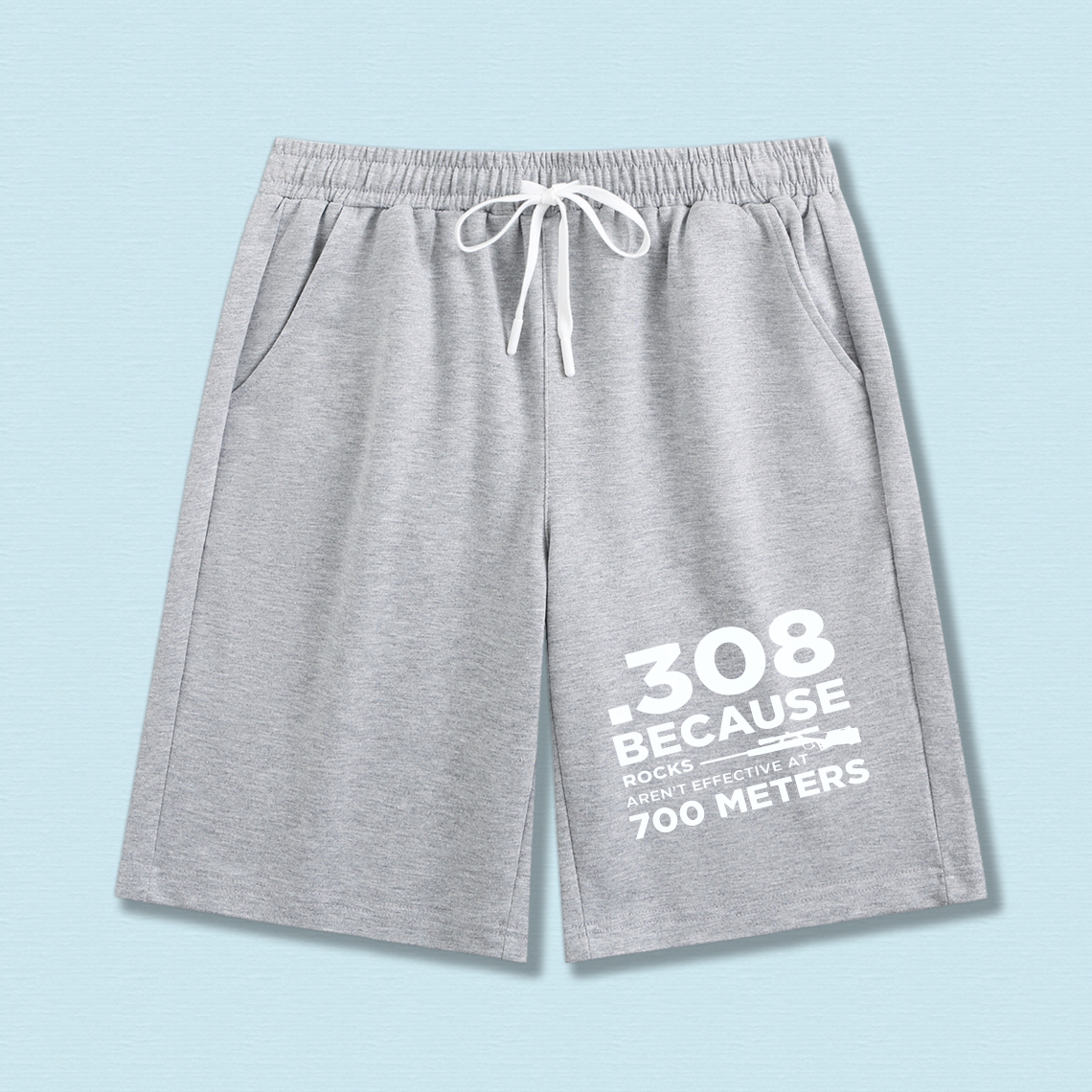 TEECURENT Men's Black Shorts 308 Because Rocks Arent Effective At 700 Meters Printed Drawstring Athletic Shorts