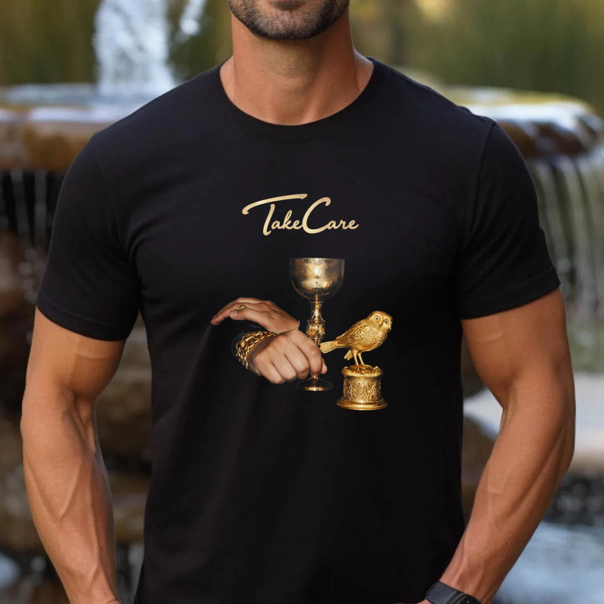 TEECURENT Take Care Golden Bird And Chalice Design T Shirt Men Women Fashion Casual Wear Artistic Statement Graphic Tee