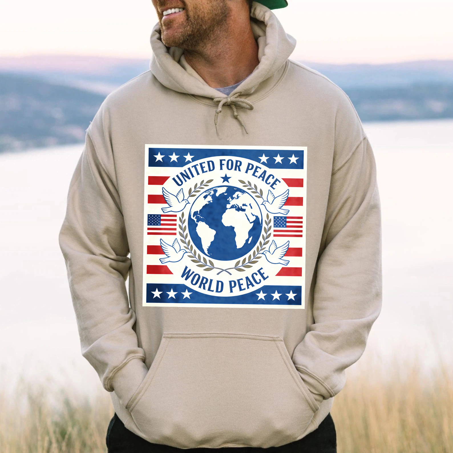 TEECURENT United For Peace World Peace Hoodie American Flag Design Global Unity Sweatshirt Patriotic Clothing For Men Women Unisex Apparel