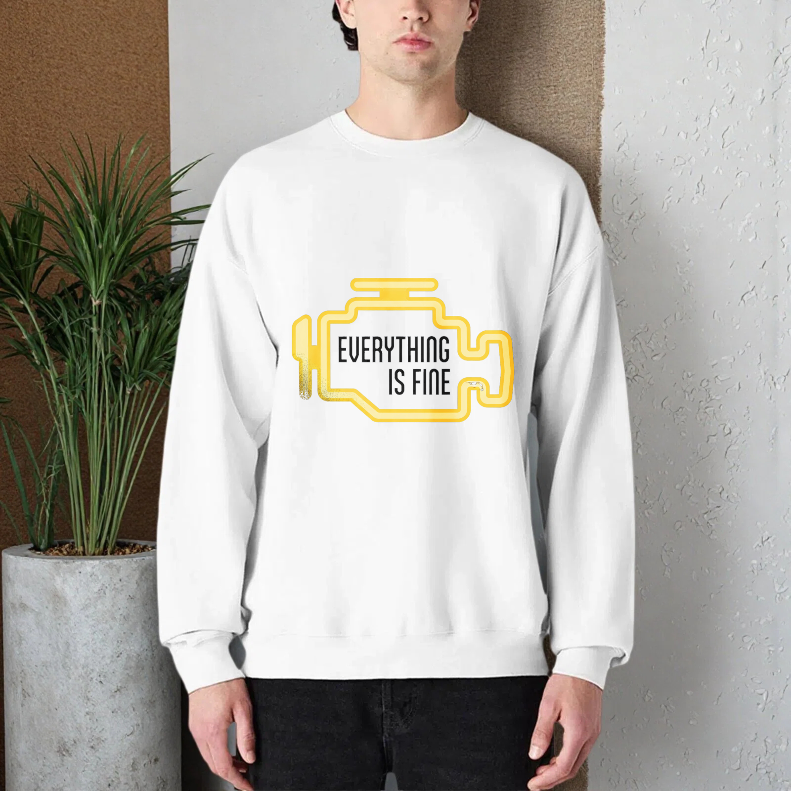 TEECURENT Everything Is Fine Sweatshirt Black With Yellow Graphic Design Casual Crewneck Pullover For Men Women Unisex Fashion Statement Top
