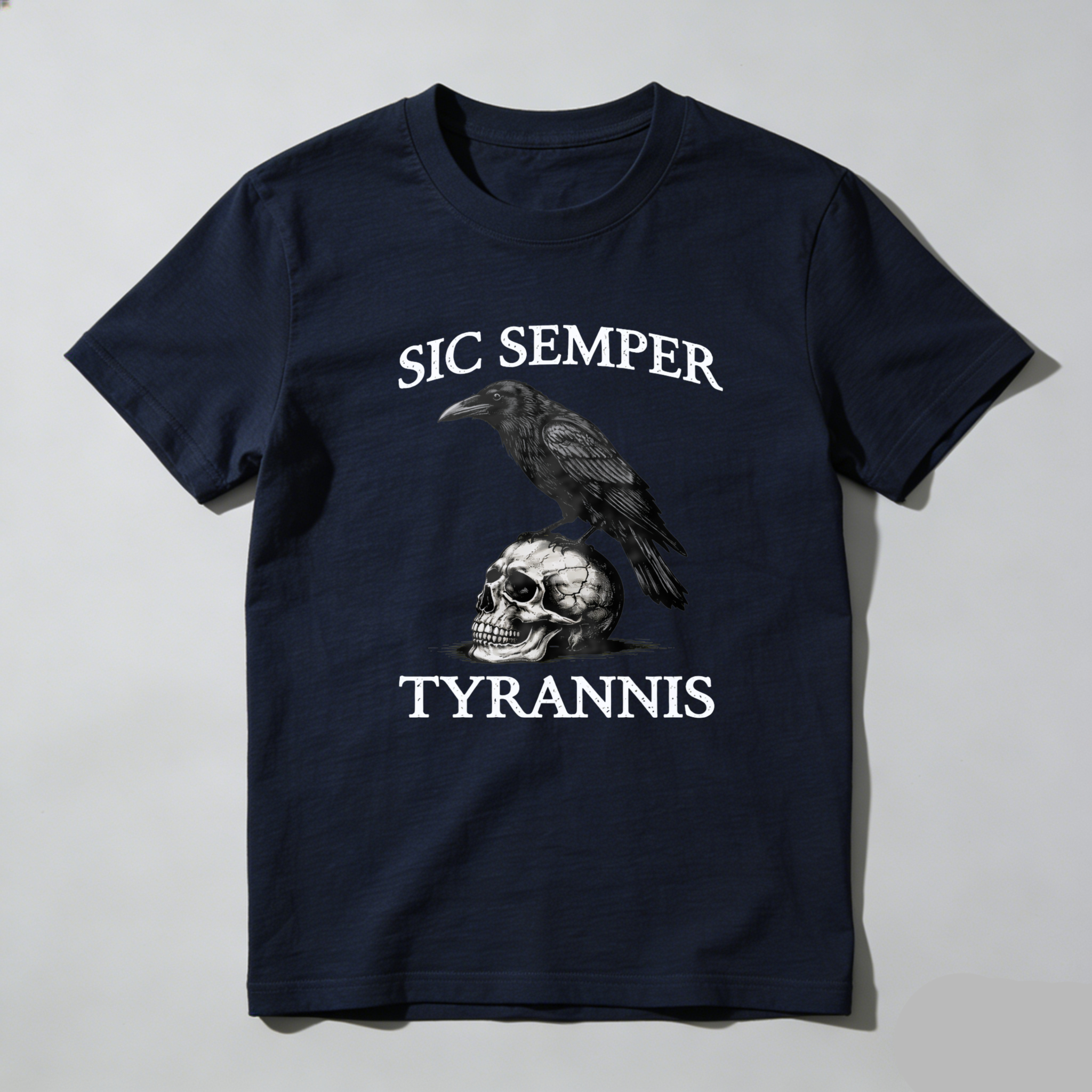 TEECURENTSic Semper Tyrannus Raven Skull T Shirt Black Graphic Tee Men Women Unisex Fashion Statement Top-TeeCurent