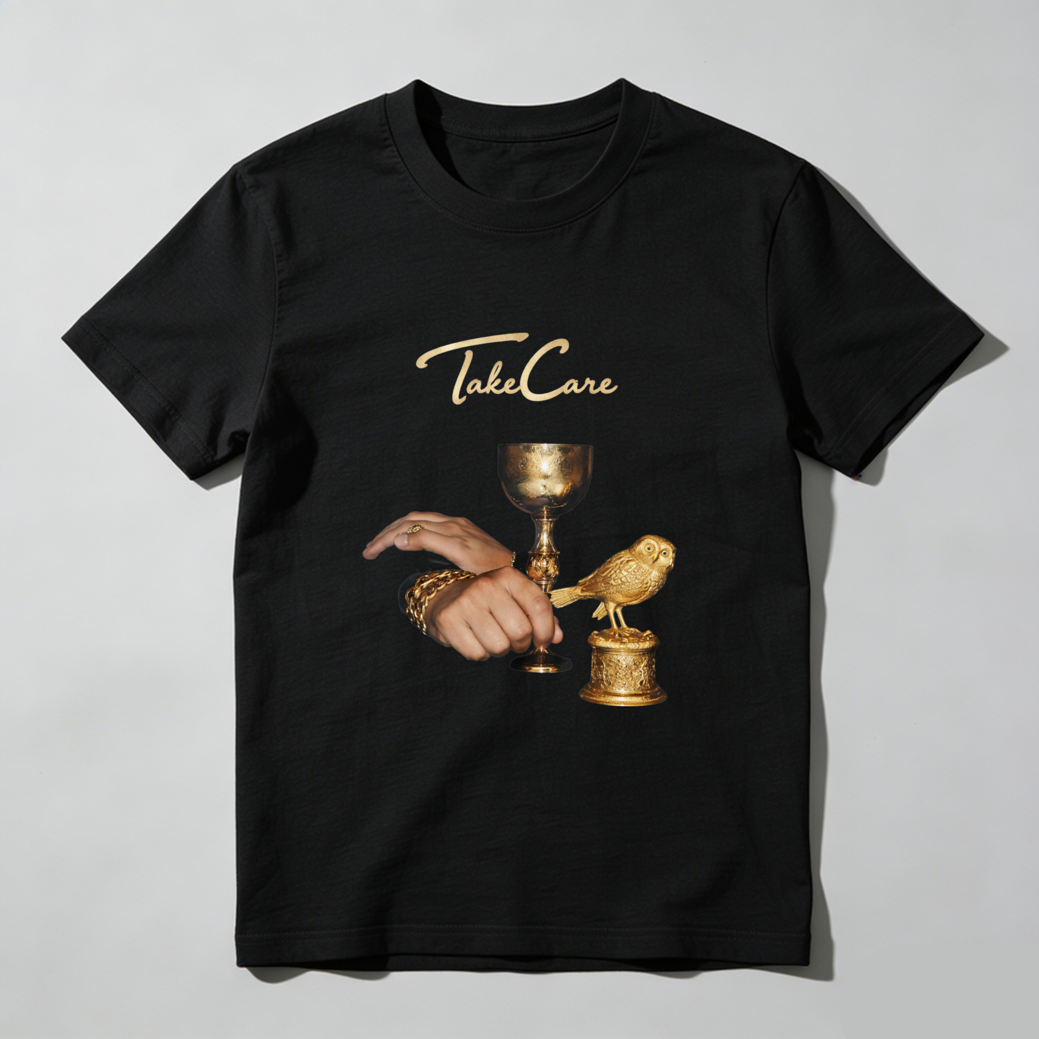 TEECURENT Take Care Golden Bird And Chalice Design T Shirt Men Women Fashion Casual Wear Artistic Statement Graphic Tee