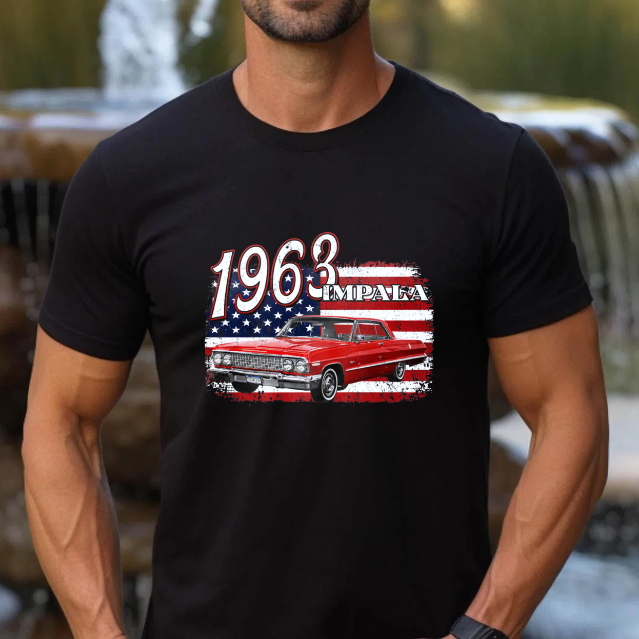 1963 Impala Classic Car American Flag T Shirt Men Women Vintage Muscle Car Automotive Clothing Gift For Car Enthusiasts