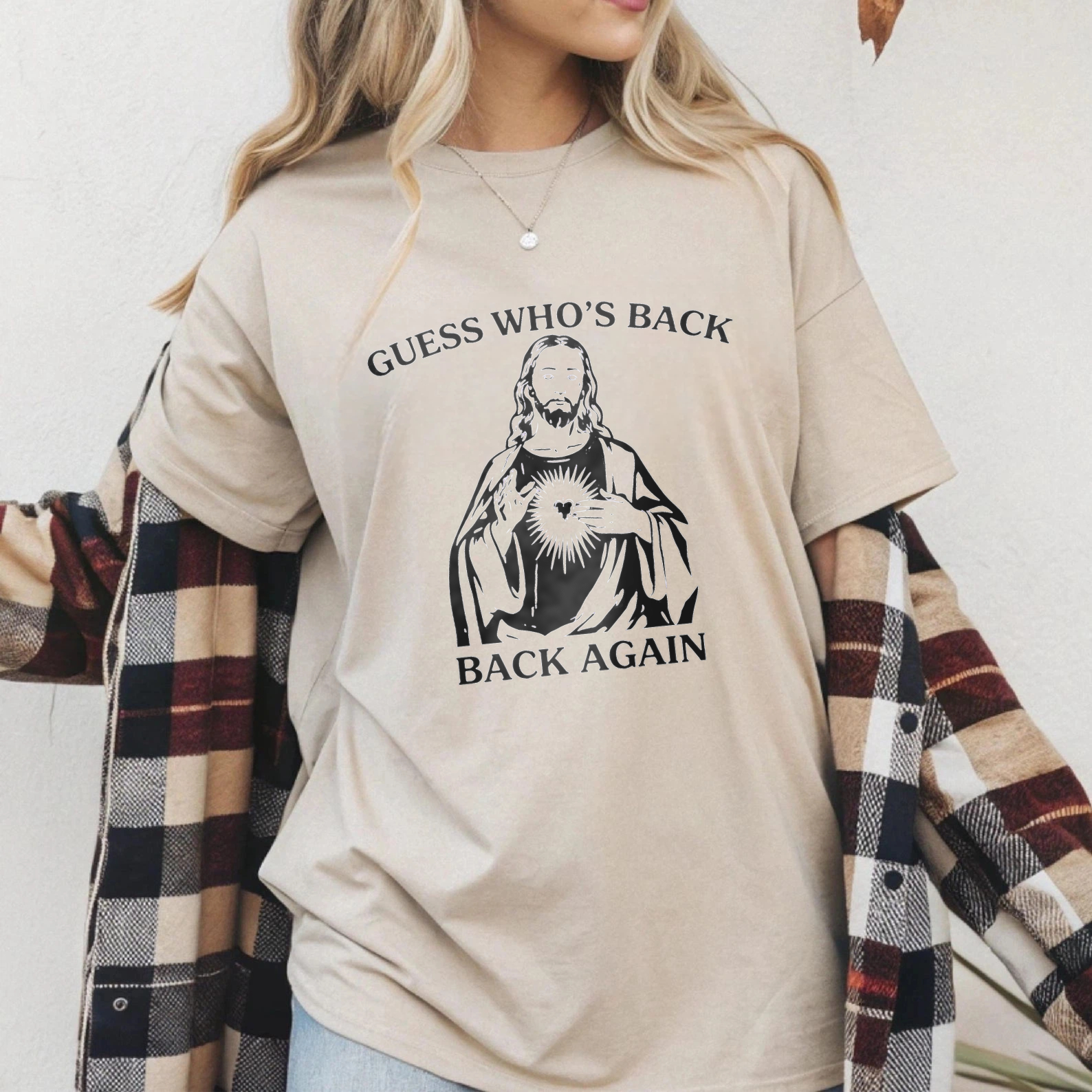TEECURENT Guess Whos Back Jesus Christ Back Again T Shirt Religious Christian Faith Humor Gift WOMEN