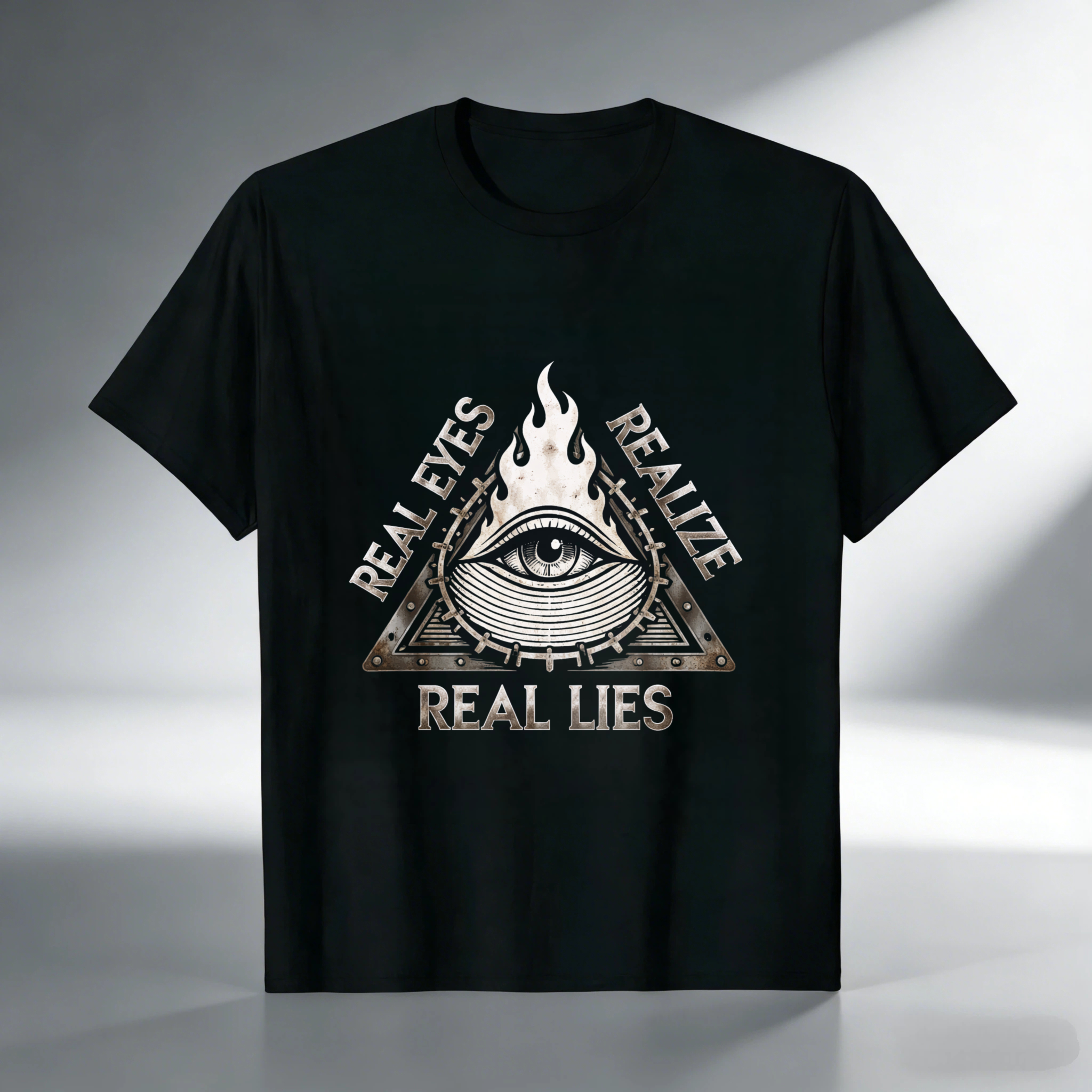 TEECURENT  Real Eyes Realize Real Lies Eye In Triangle With Flame TEECURENT