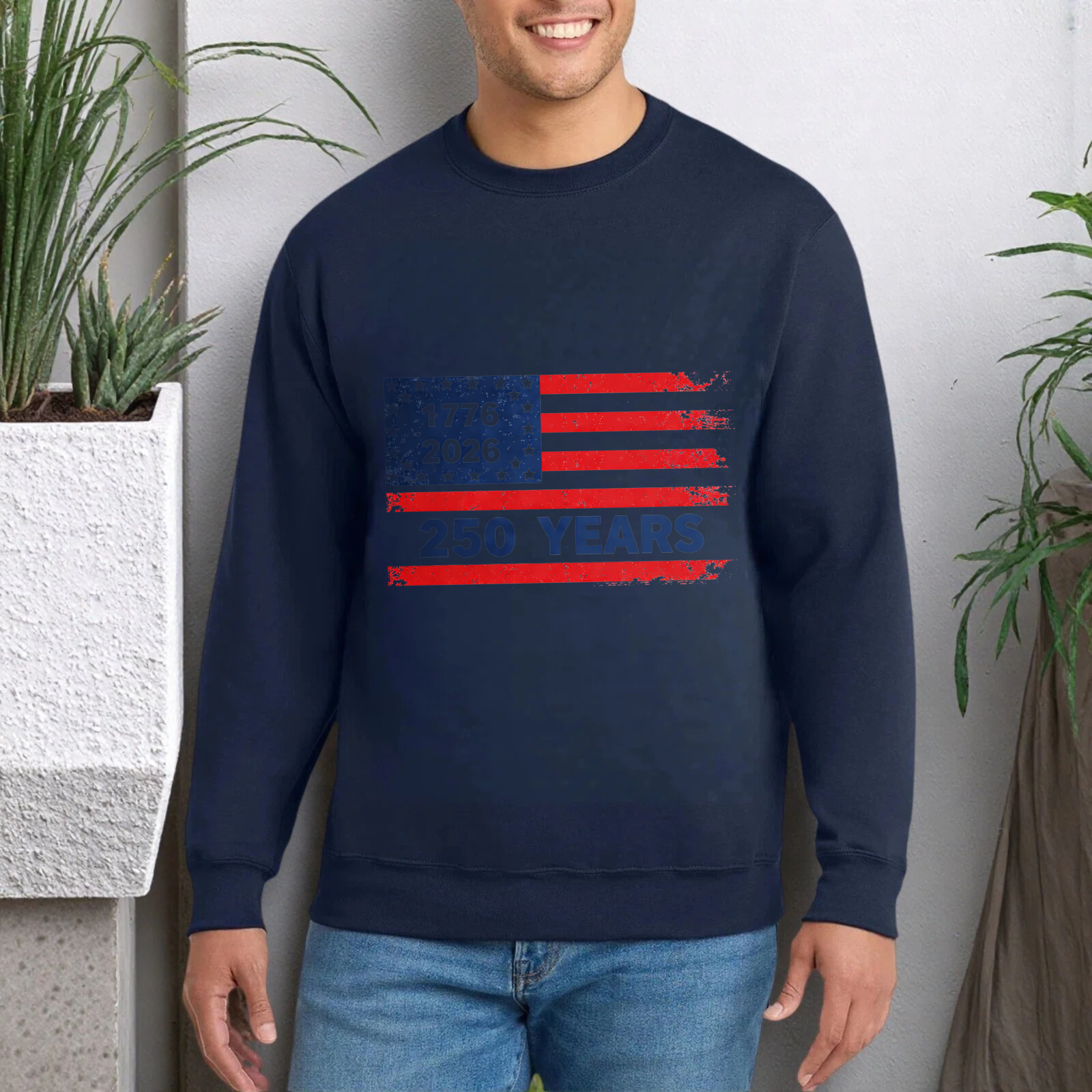 American Flag 250 Years Independence Day Usa Patriotic Sweatshirt Black Crewneck Long Sleeve Unisex Pullover Top