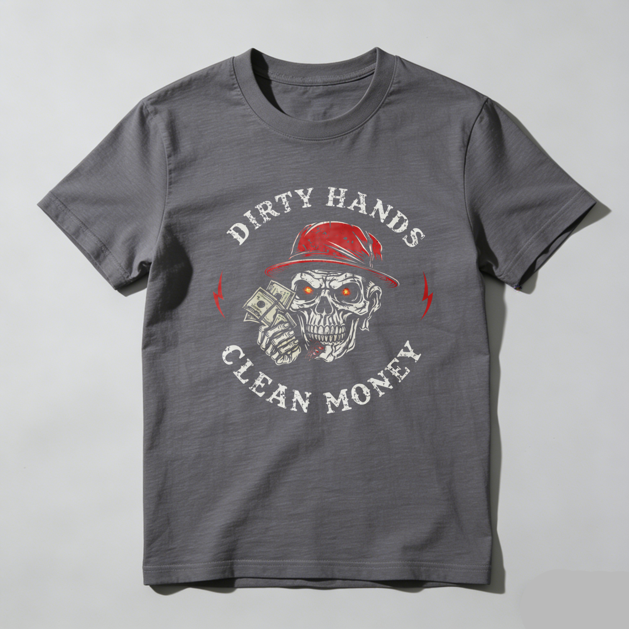 TEECURENT Dirty Hands Clean Money Skull T Shirt With Red Hat And Money Graphic Design For Men And Women