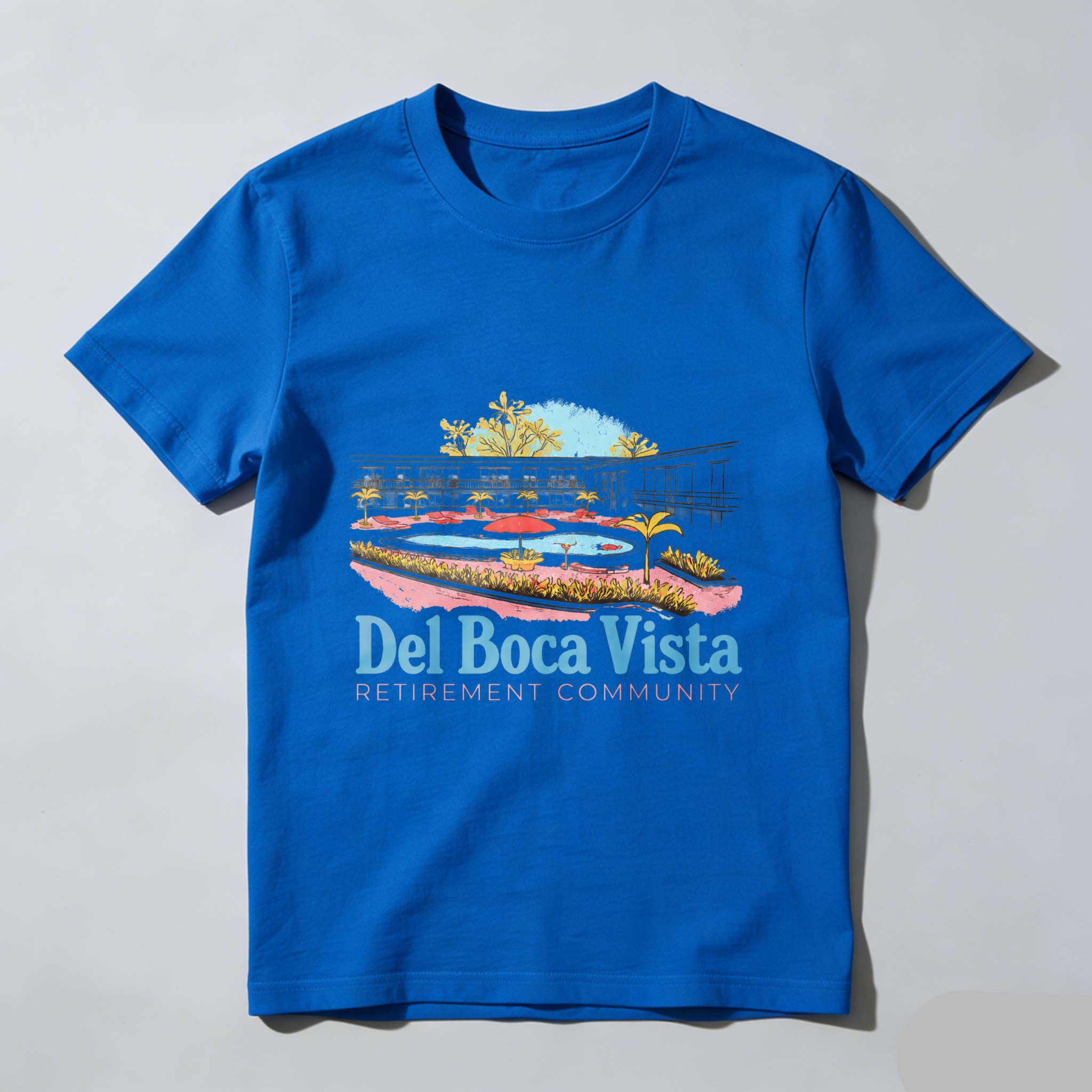 TEECURENT Del Boca Vista Retirement Community T-Shirt With Resort Design And Palm Trees Graphic