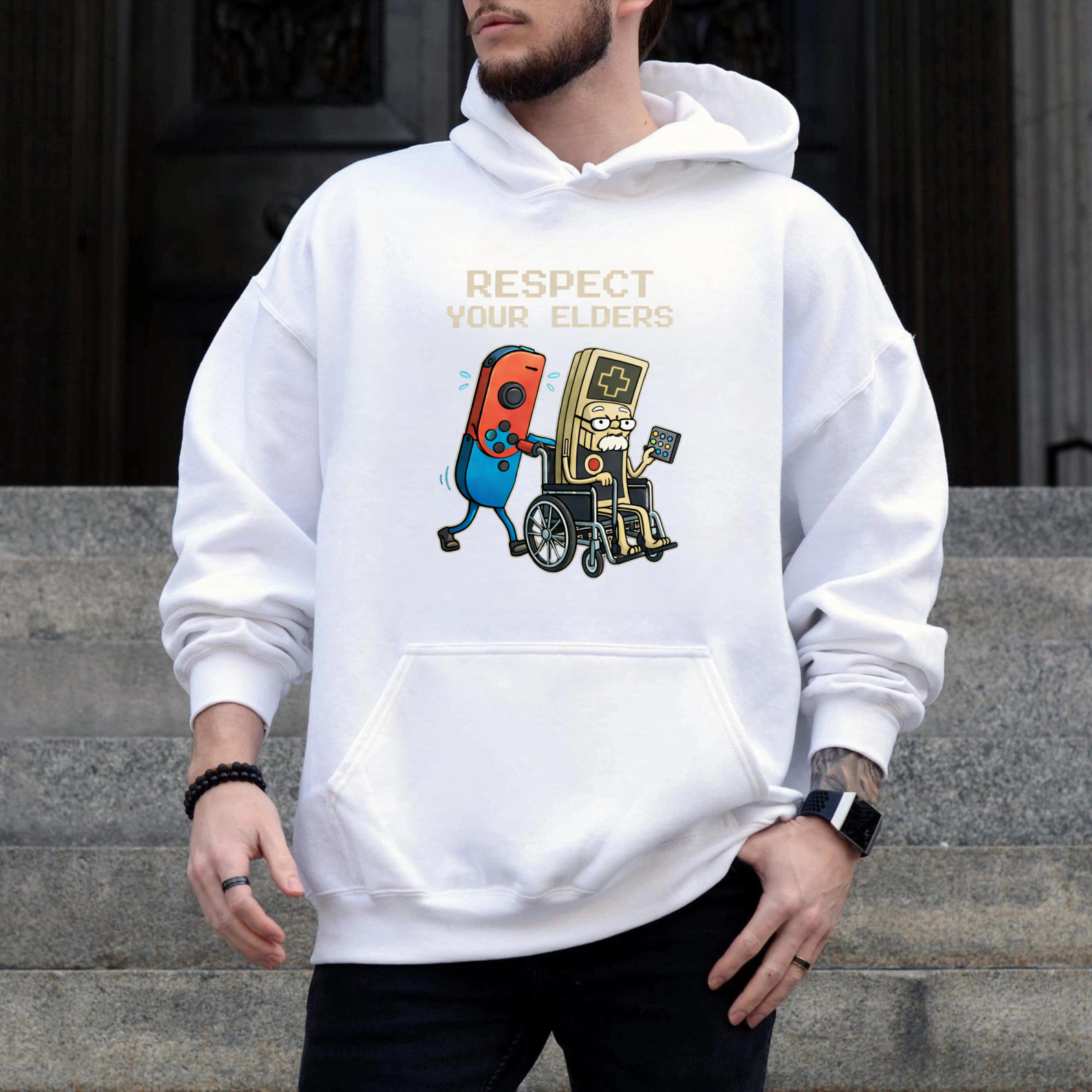 TEECURENT Gildan Respect Your Elders Gaming Controller Hoodie With Retro Game Console And Wheelchair Design For Gamers And Nostalgia Lovers