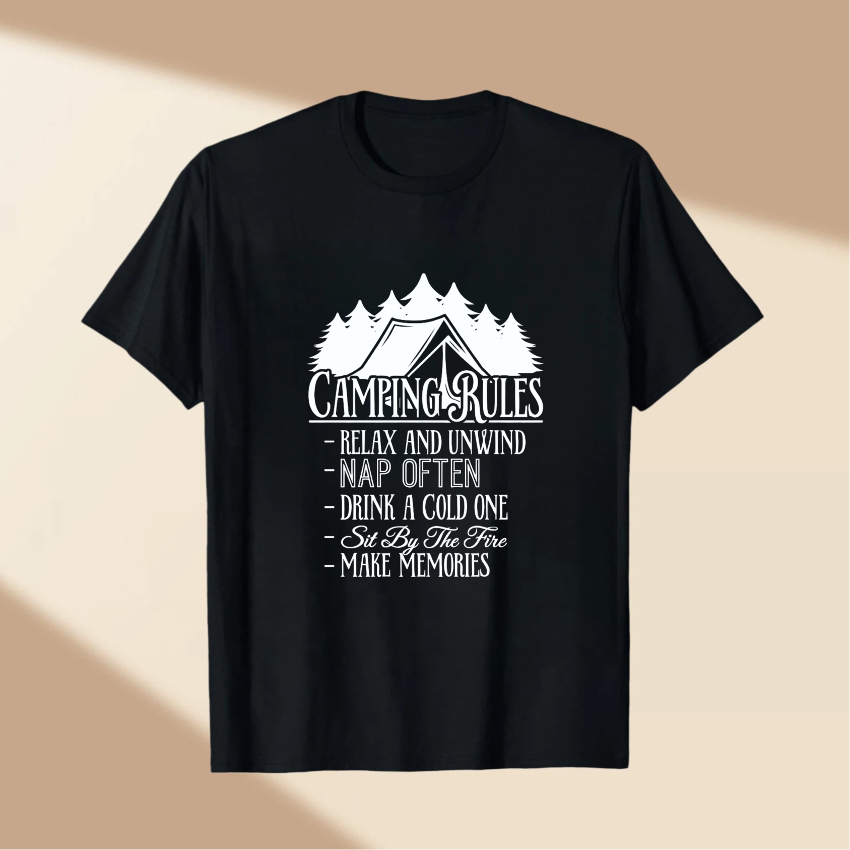 TEECURENT Camping Rules T Shirt Relax And Unwind Nap Often Drink A Cold One Sit By The Fire Make Memories Outdoor Adventure Tee WOMEN