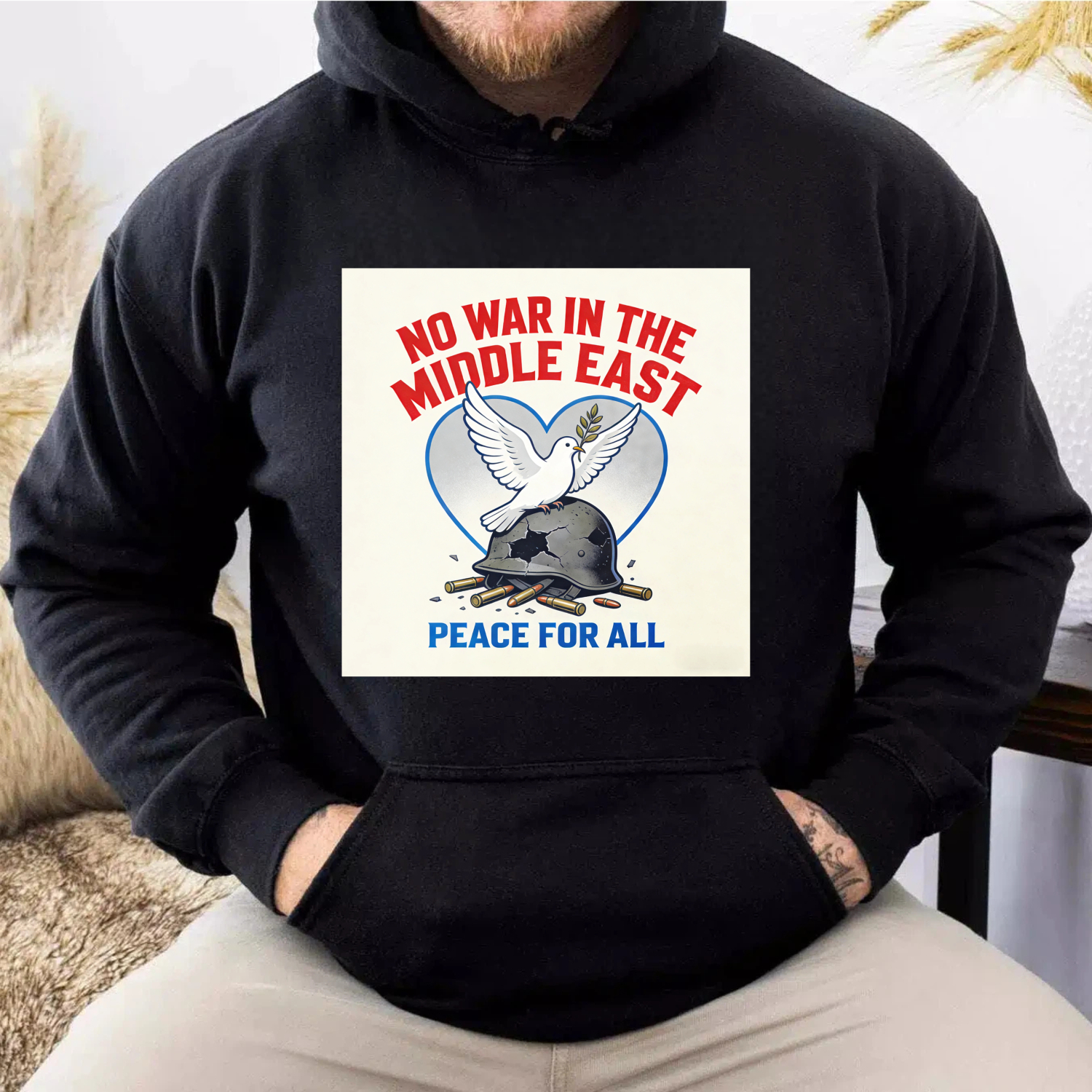 TEECURENT No War In The Middle East Peace For All Hoodie With Dove And Helmet Design